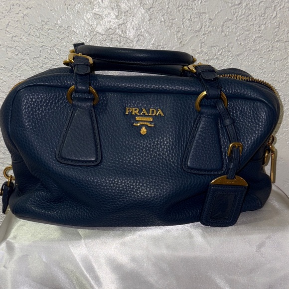 Prada Handbags - Prada Vitello Daino Bauletto Midnight Blue Pebbled Leather Satchel